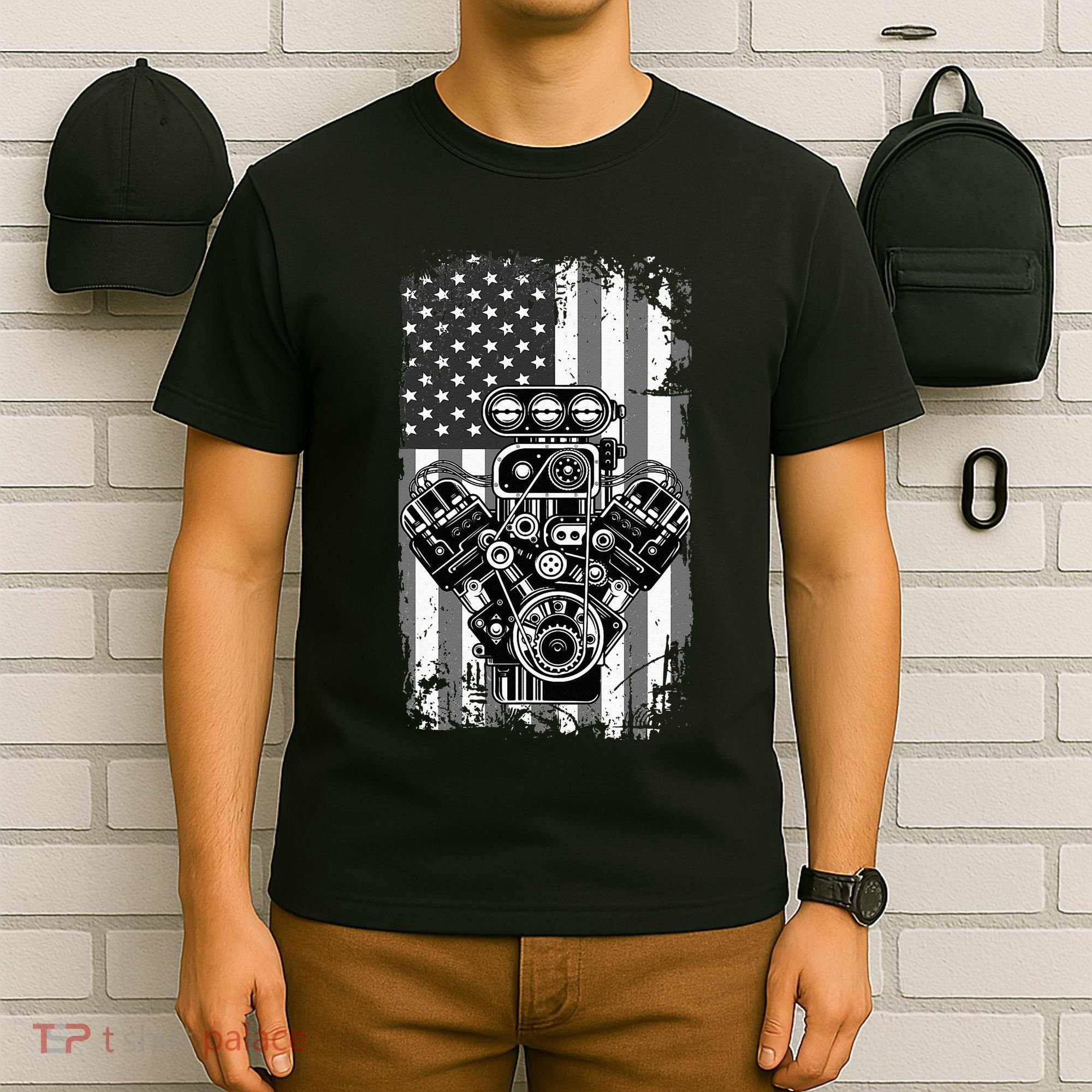 Vintage Muscle Car Piston American Flag Funny Mechanic Gift T-Shirt