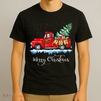 Vintage Merry Christmas Red Truck Old Fashioned Christmas T-Shirt thumb 3
