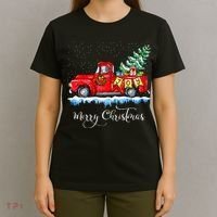 Vintage Merry Christmas Red Truck Old Fashioned Christmas T-Shirt thumb 4