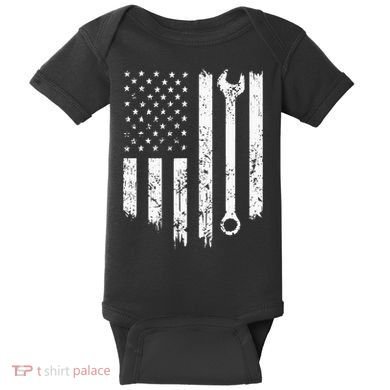 Vintage Mechanic Distressed American Flag Baby Bodysuit