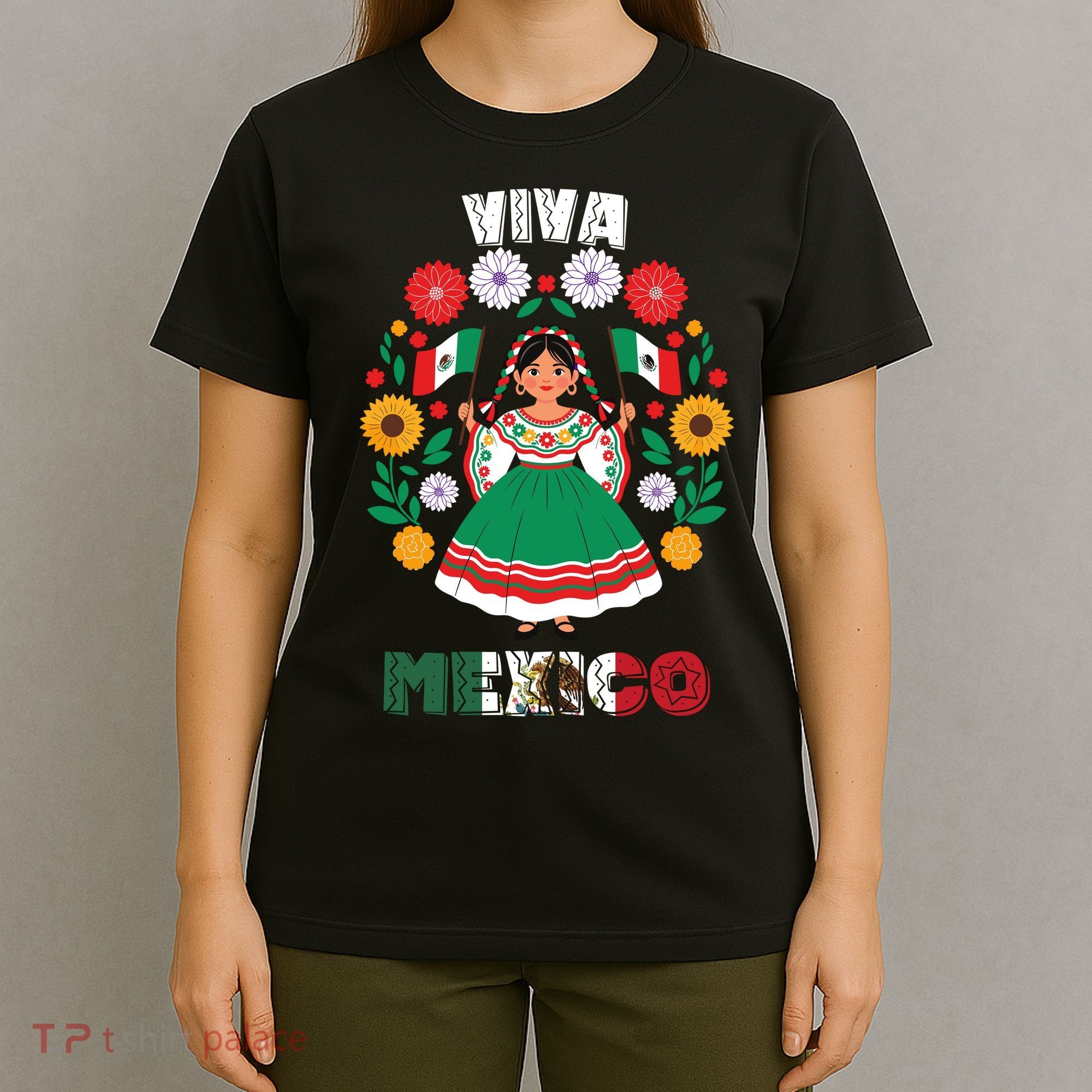 Viva Mexico Mexican Girl Flag Independence Day T-Shirt