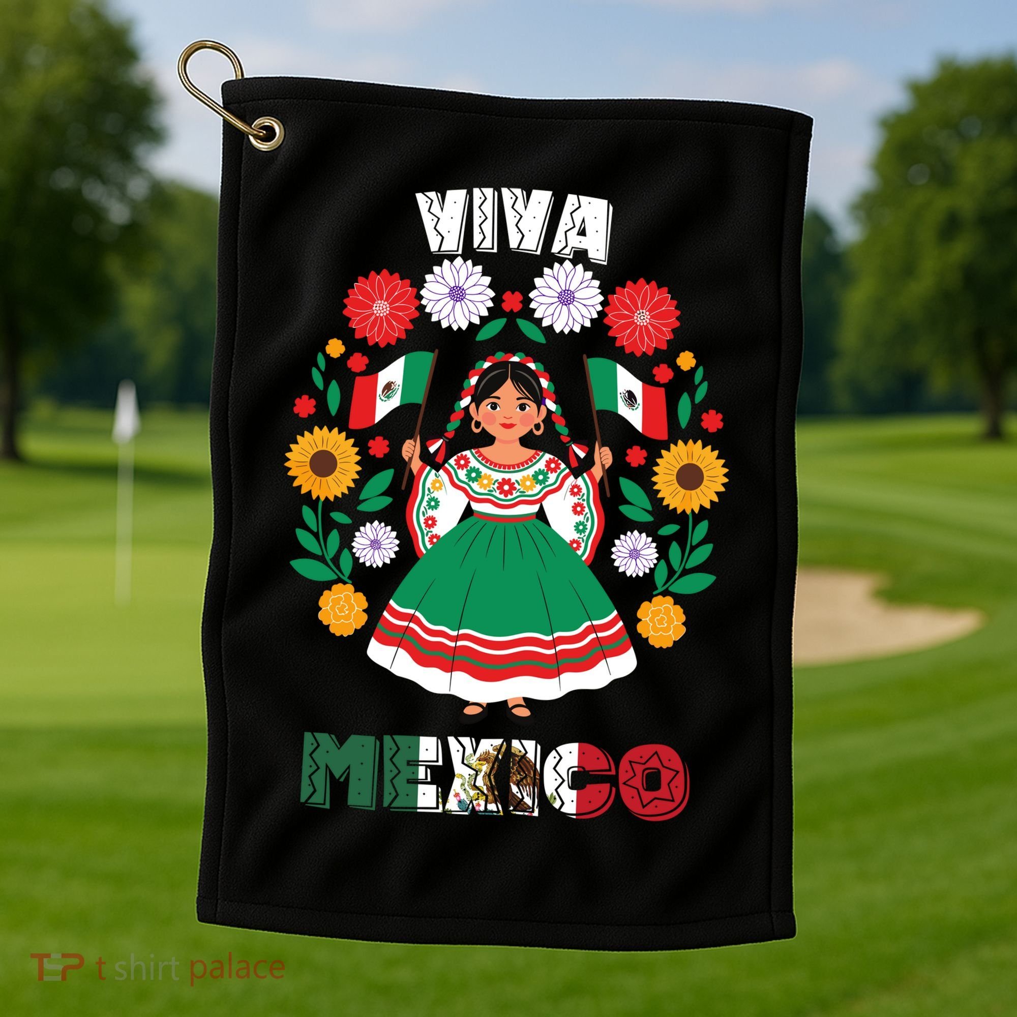 Viva Mexico Mexican Girl Flag Independence Day Golf Towel