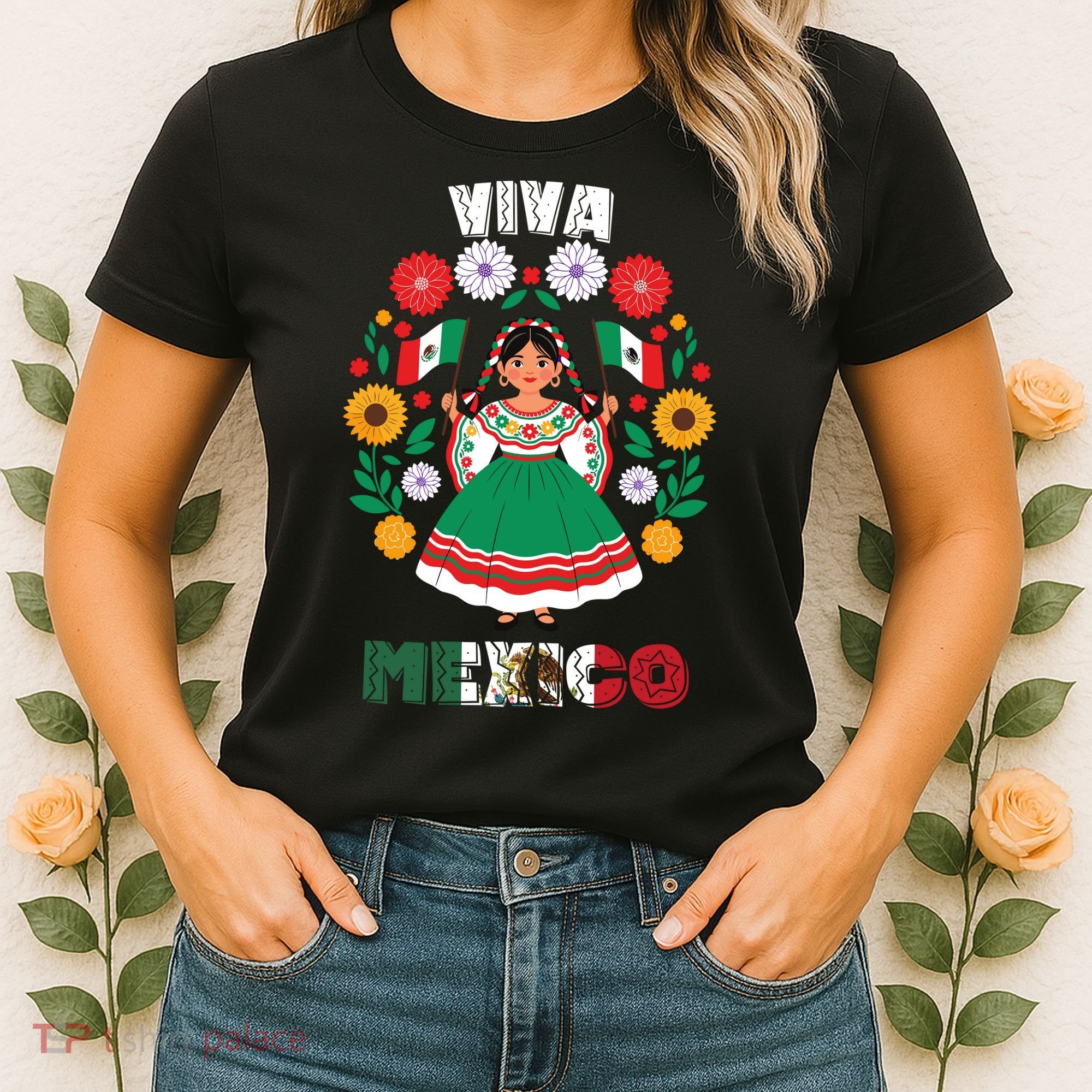 Viva Mexico Mexican Girl Flag Independence Day Women's T-Shirt