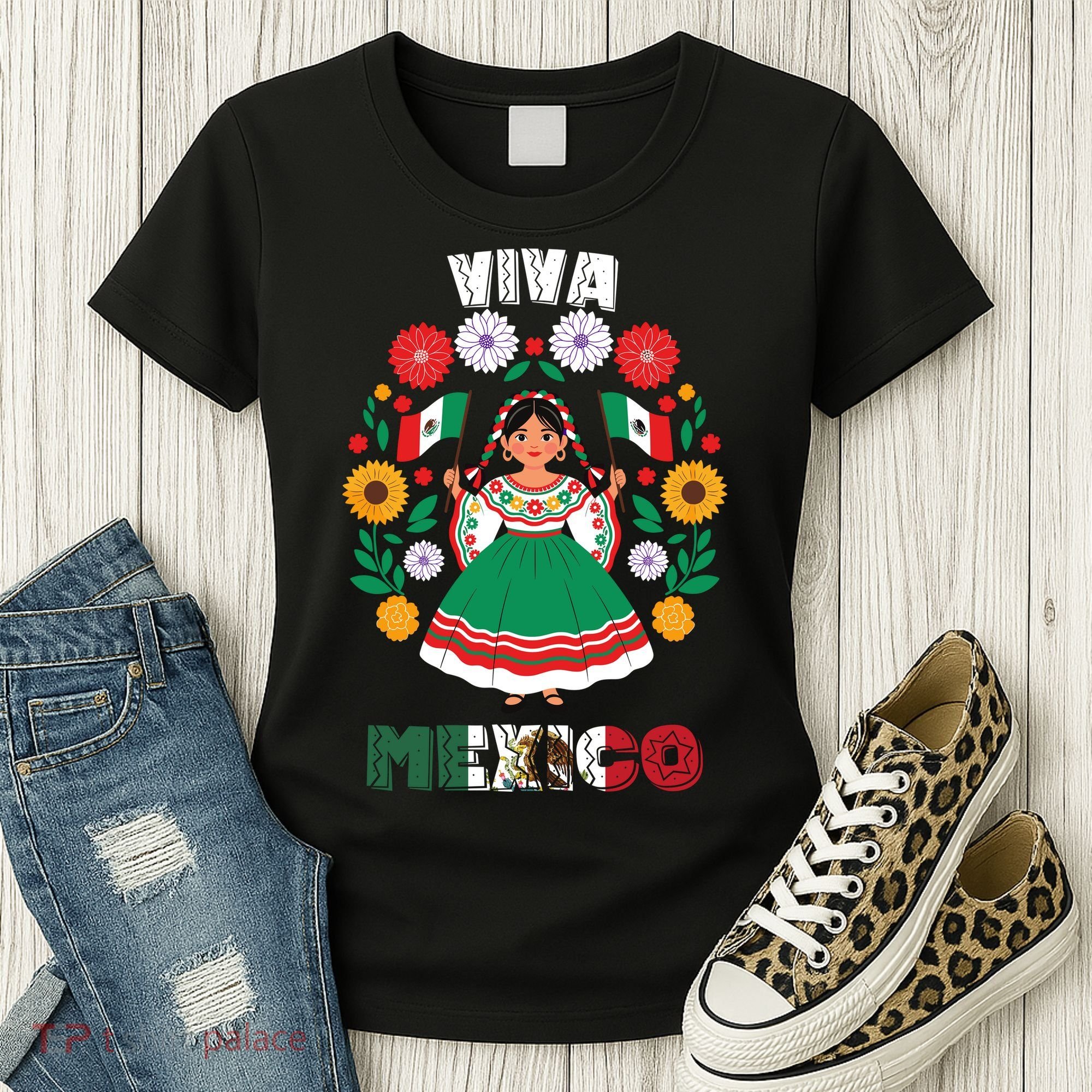 Viva Mexico Mexican Girl Flag Independence Day Women's T-Shirt