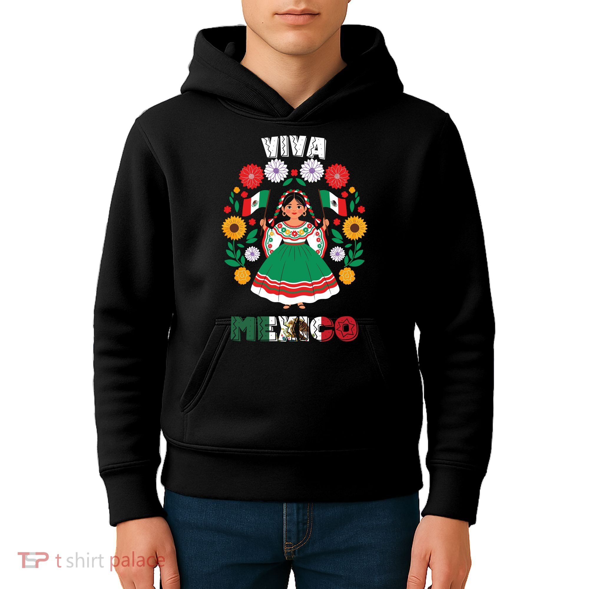 Viva Mexico Mexican Girl Flag Independence Day Kids Hoodie