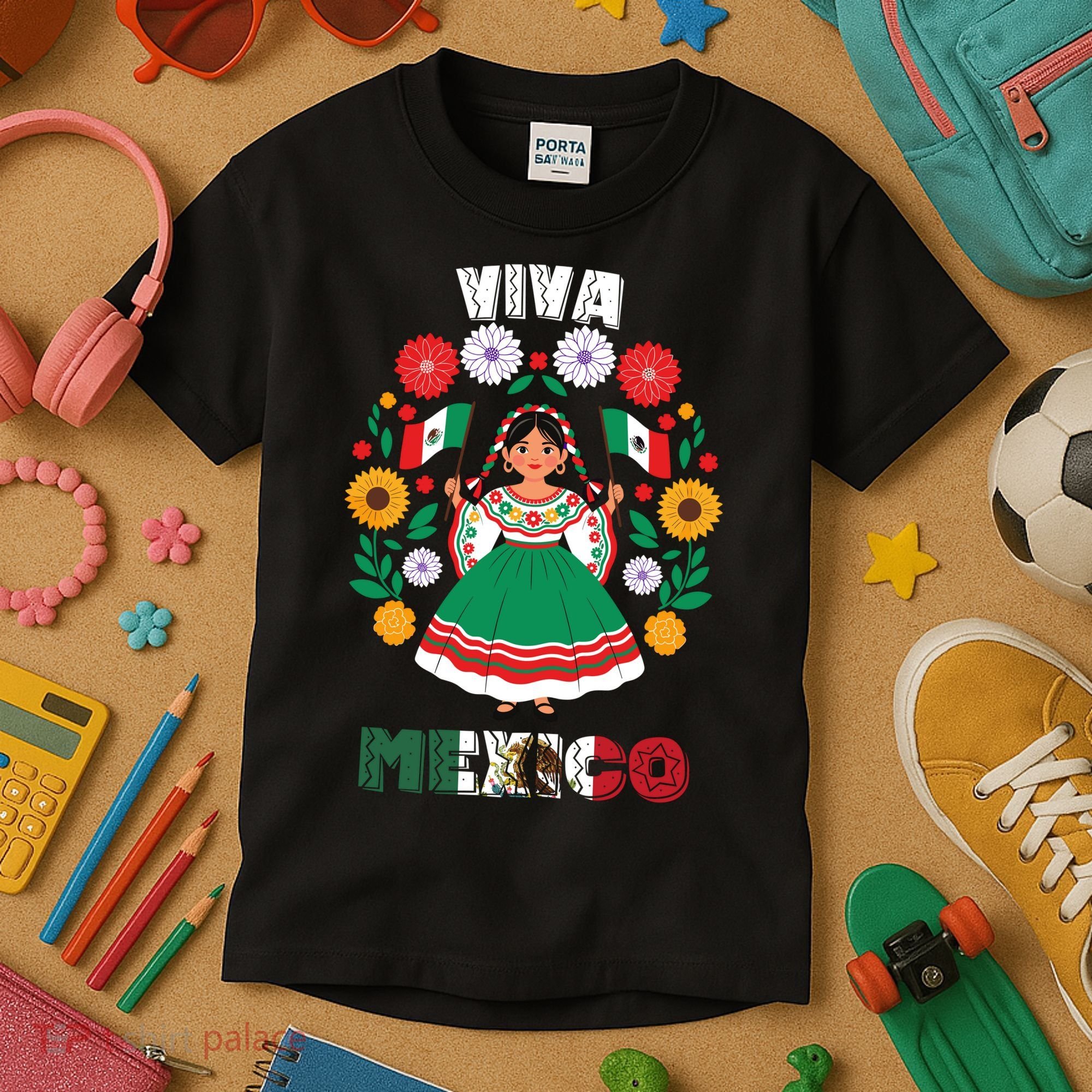 Viva Mexico Mexican Girl Flag Independence Day Kids T-Shirt