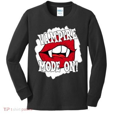 Vampire Mode On Fangs Lips Halloween Kids Long Sleeve Shirt