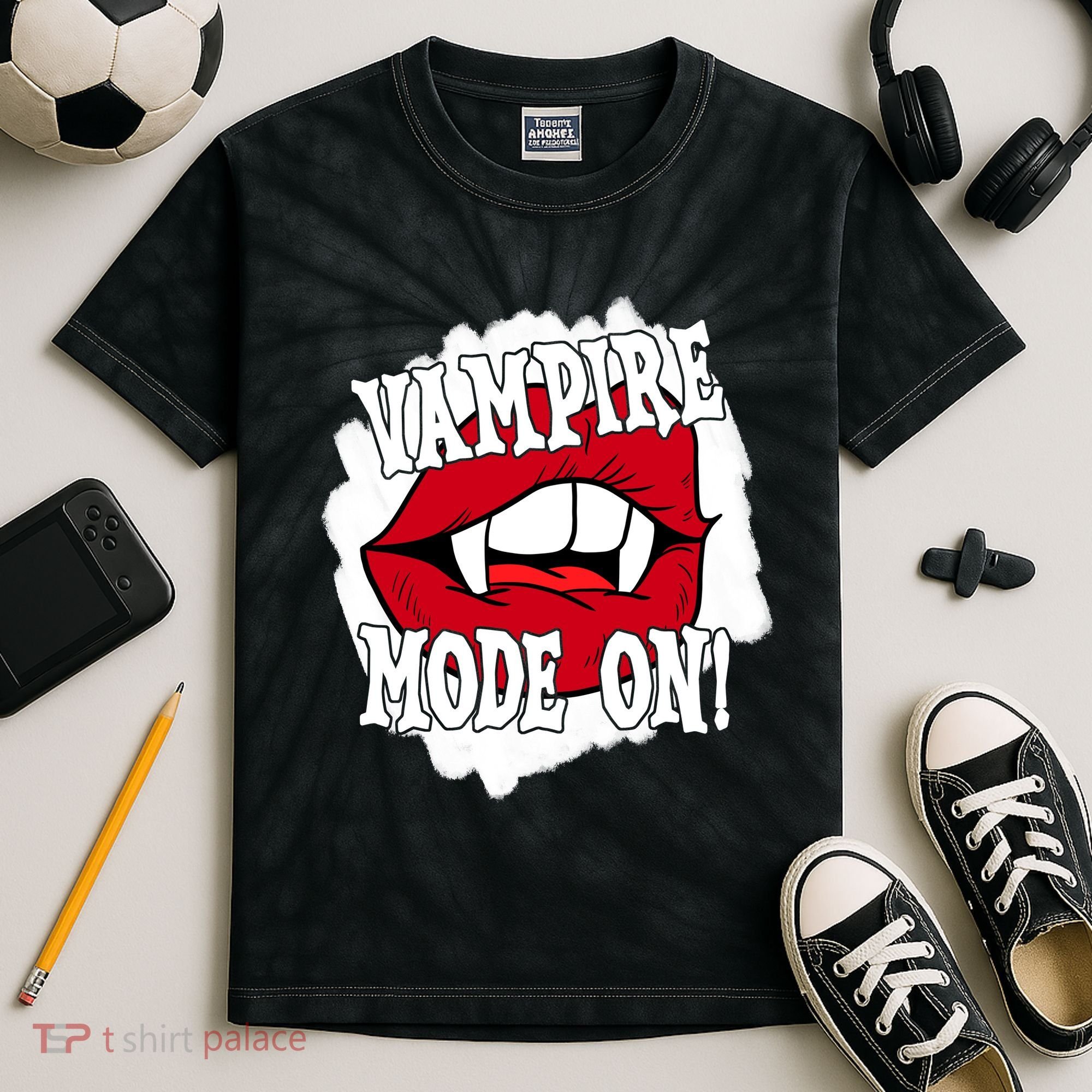 Vampire Mode On Fangs Lips Halloween Kids Tie-Dye T-Shirt
