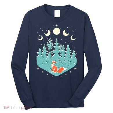 Vintage Moon Phases Forest Fox Long Sleeve Shirt