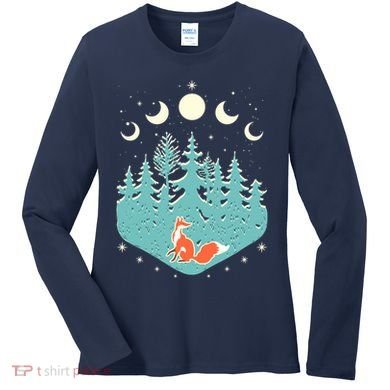 Vintage Moon Phases Forest Fox Women's Long Sleeve Shirt