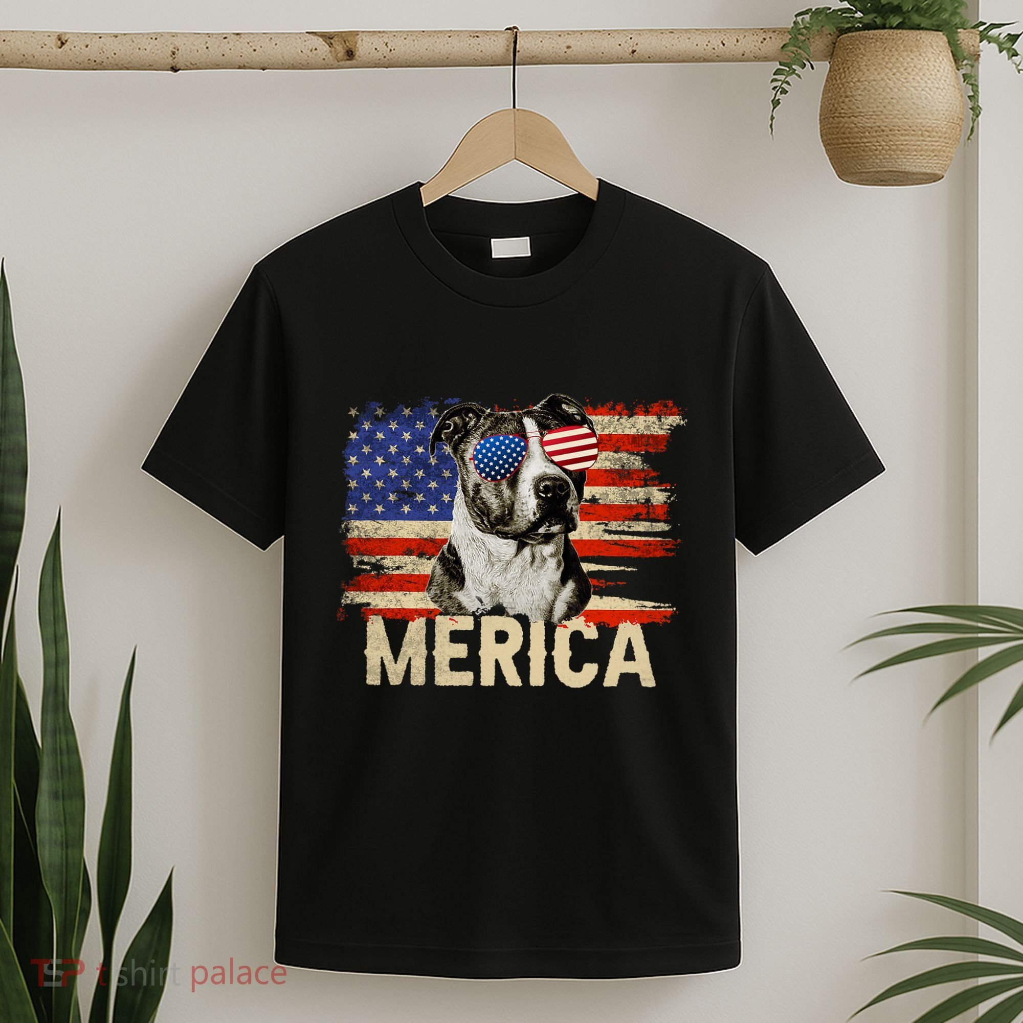 Vintage Merica Pitbull 4th Of July USA Patriotic Sunglasses T-Shirt