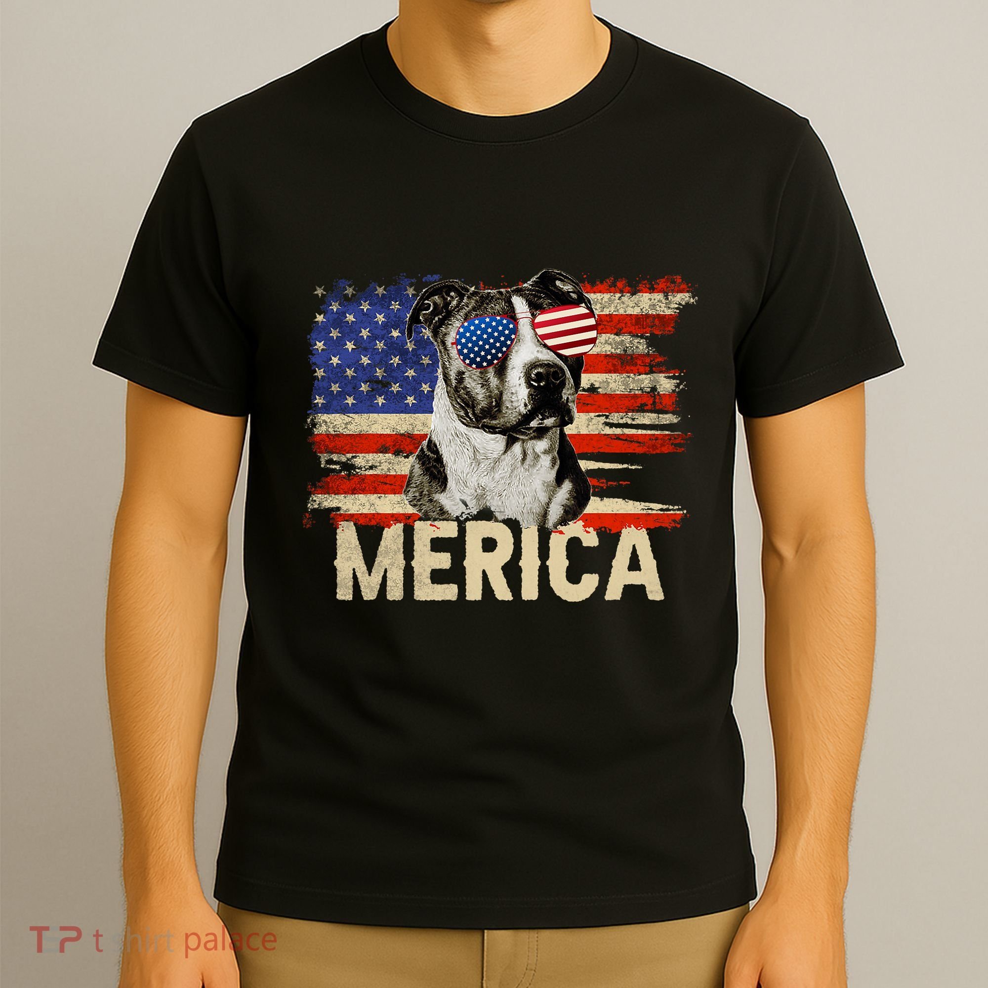 Vintage Merica Pitbull 4th Of July USA Patriotic Sunglasses T-Shirt