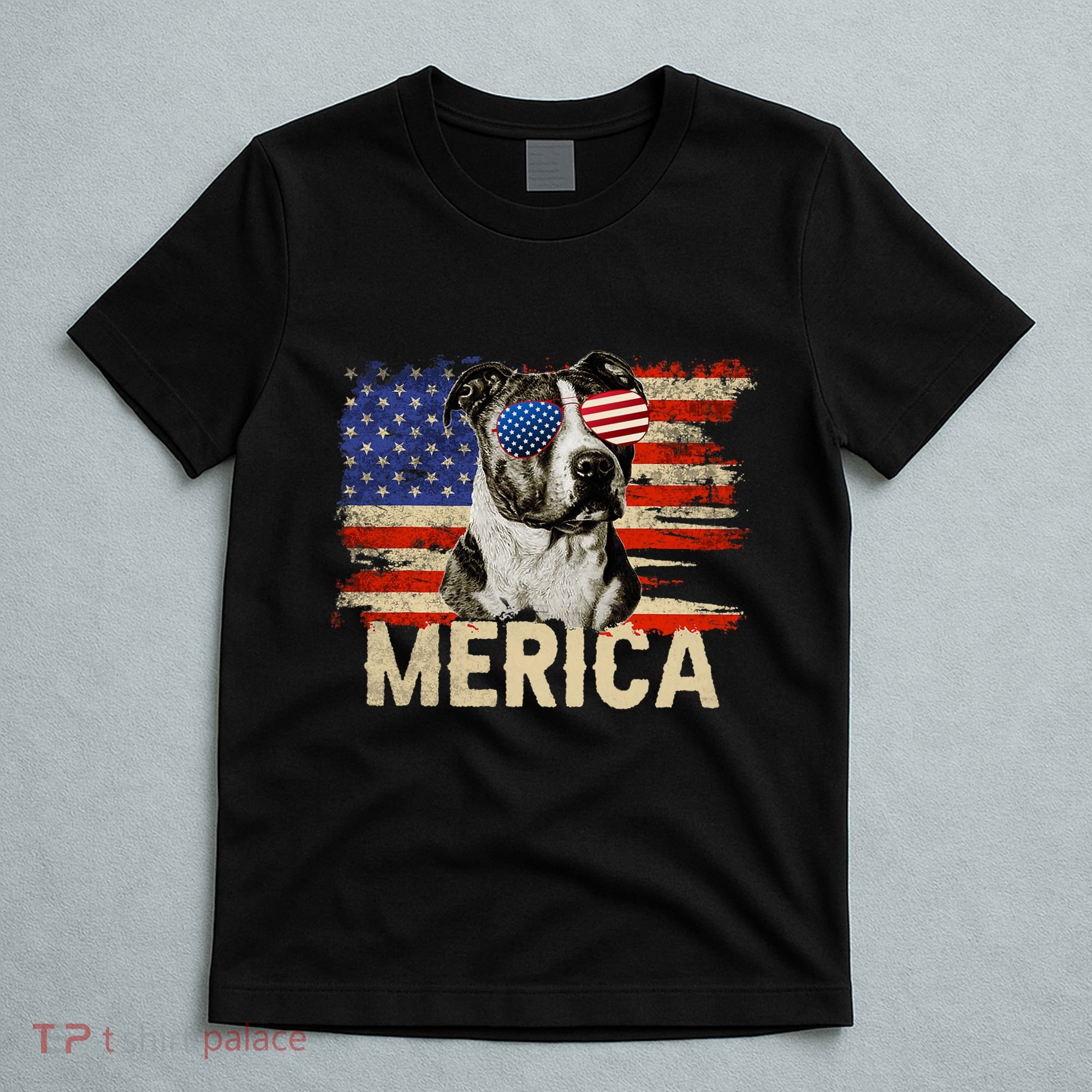 Vintage Merica Pitbull 4th Of July USA Patriotic Sunglasses T-Shirt