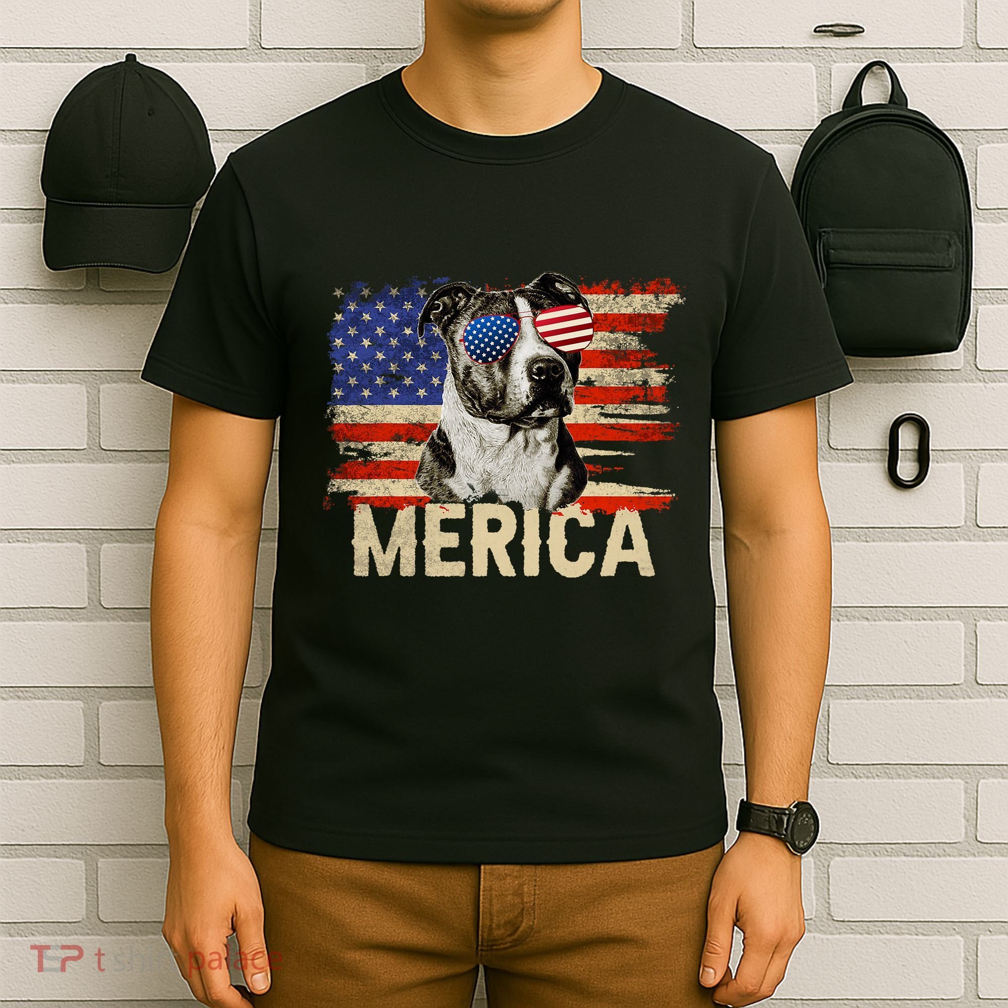 Vintage Merica Pitbull 4th Of July USA Patriotic Sunglasses T-Shirt