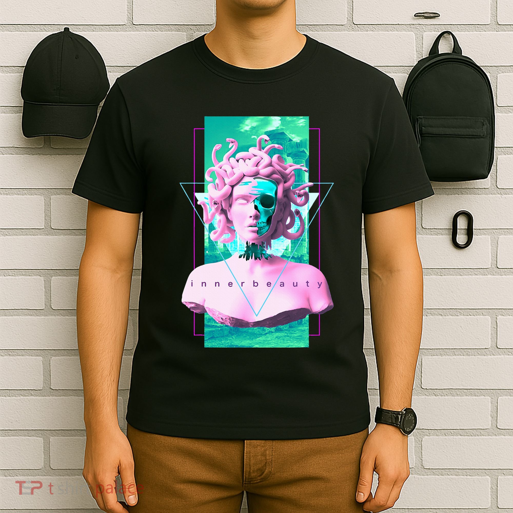 Vaporwave Medusa Statue with Skull Aesthetic Art Retro T-Shirt