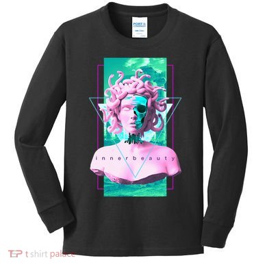 Vaporwave Medusa Statue with Skull Aesthetic Art Retro Kids Long Sleeve Shirt