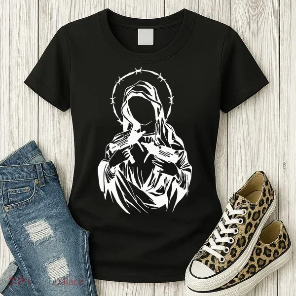 Virgin Mary With Uzis. Women's T-Shirt
