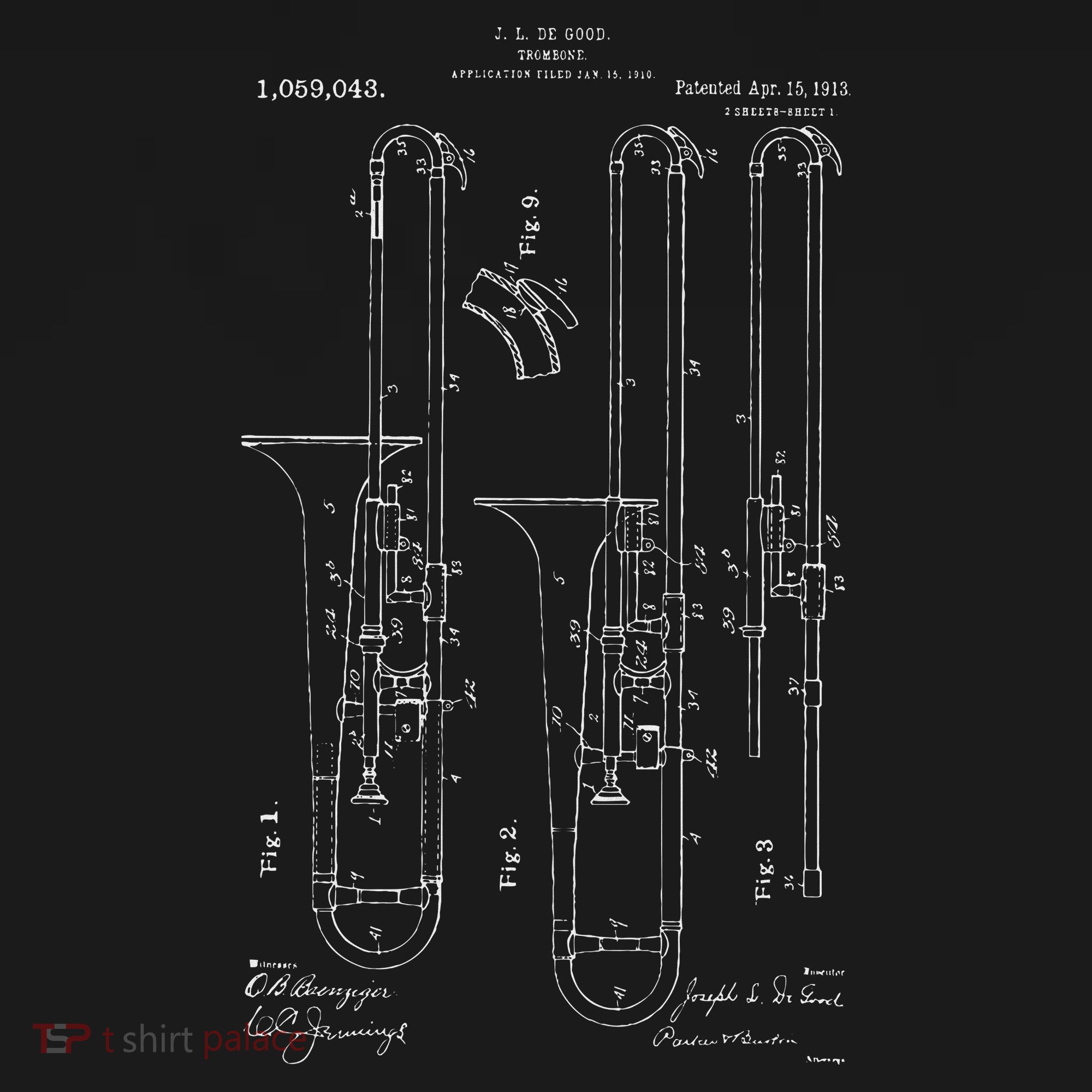 Vintage Patent Drawing 1913 Trombone Player Gift T-Shirt