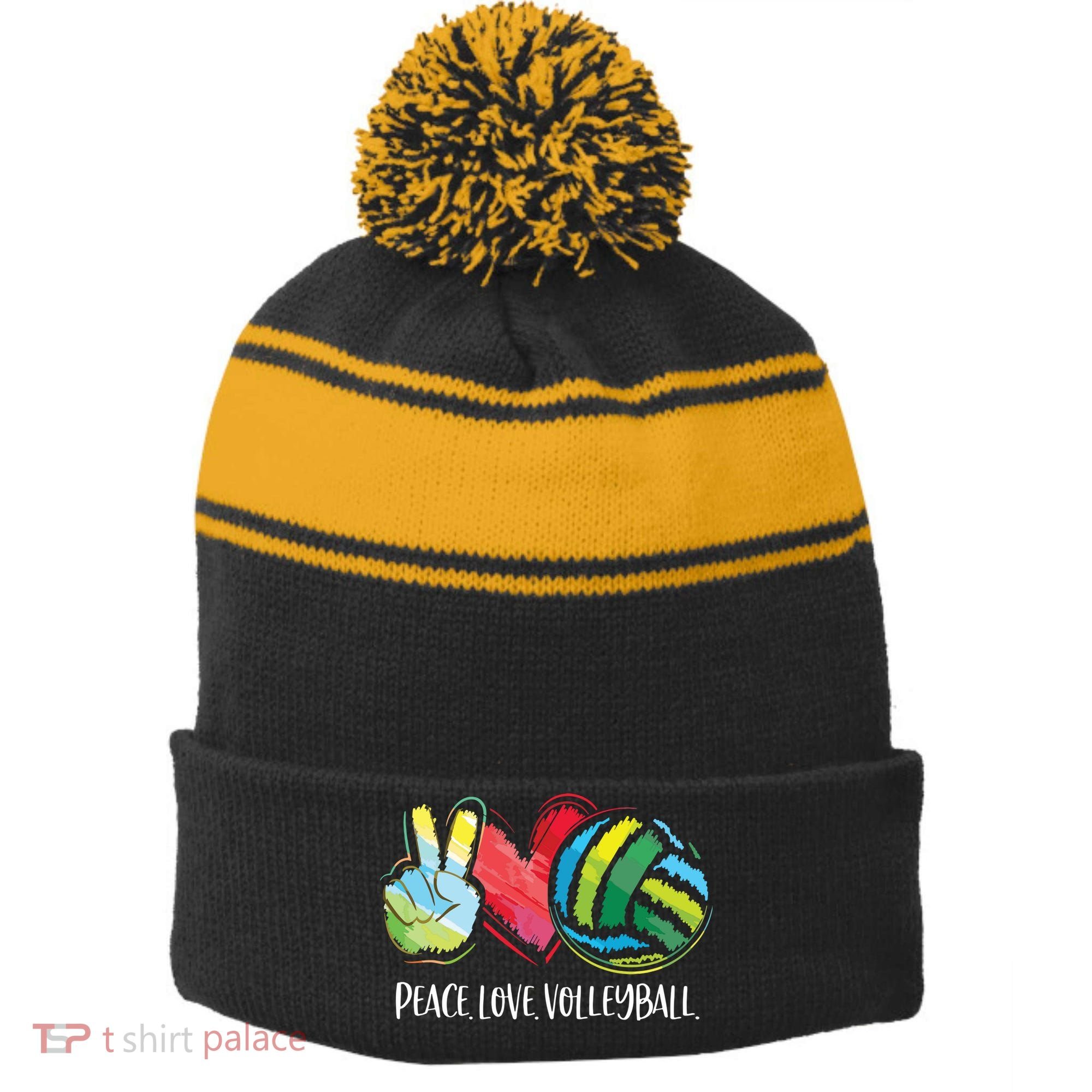 Volleyball Player Peace Love Volleyball Stripe Pom Pom Beanie