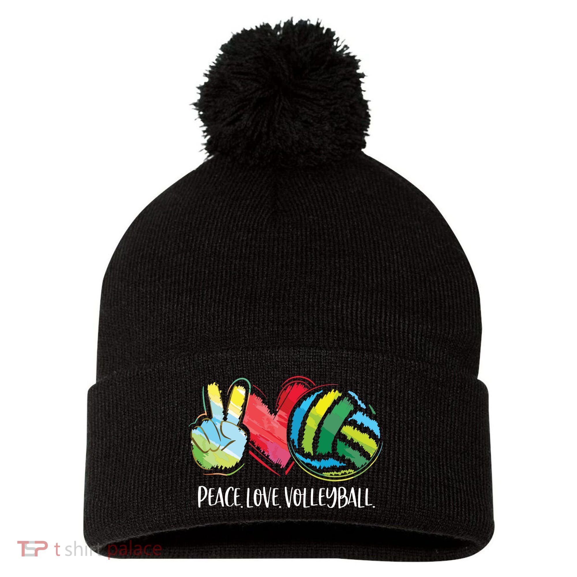 Volleyball Player Peace Love Volleyball Pom Pom 12in Knit Beanie