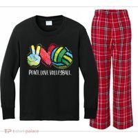 Volleyball Player Peace Love Volleyball Kids Long Sleeve Plaid Pajama Set thumb 0