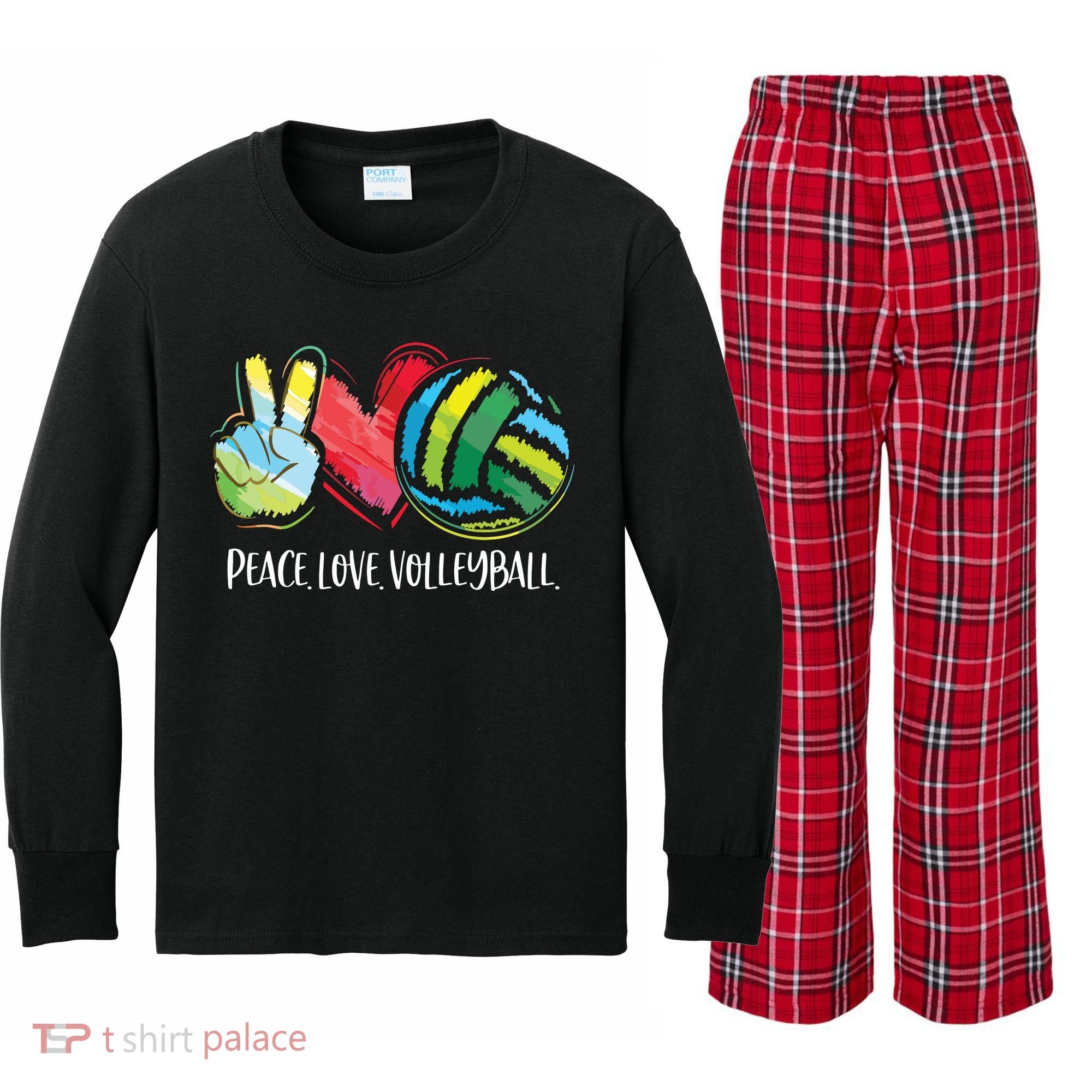 Volleyball Player Peace Love Volleyball Kids Long Sleeve Plaid Pajama Set