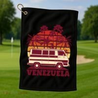Venezuela Palm Tree Sunset Retro Golf Towel thumb 1