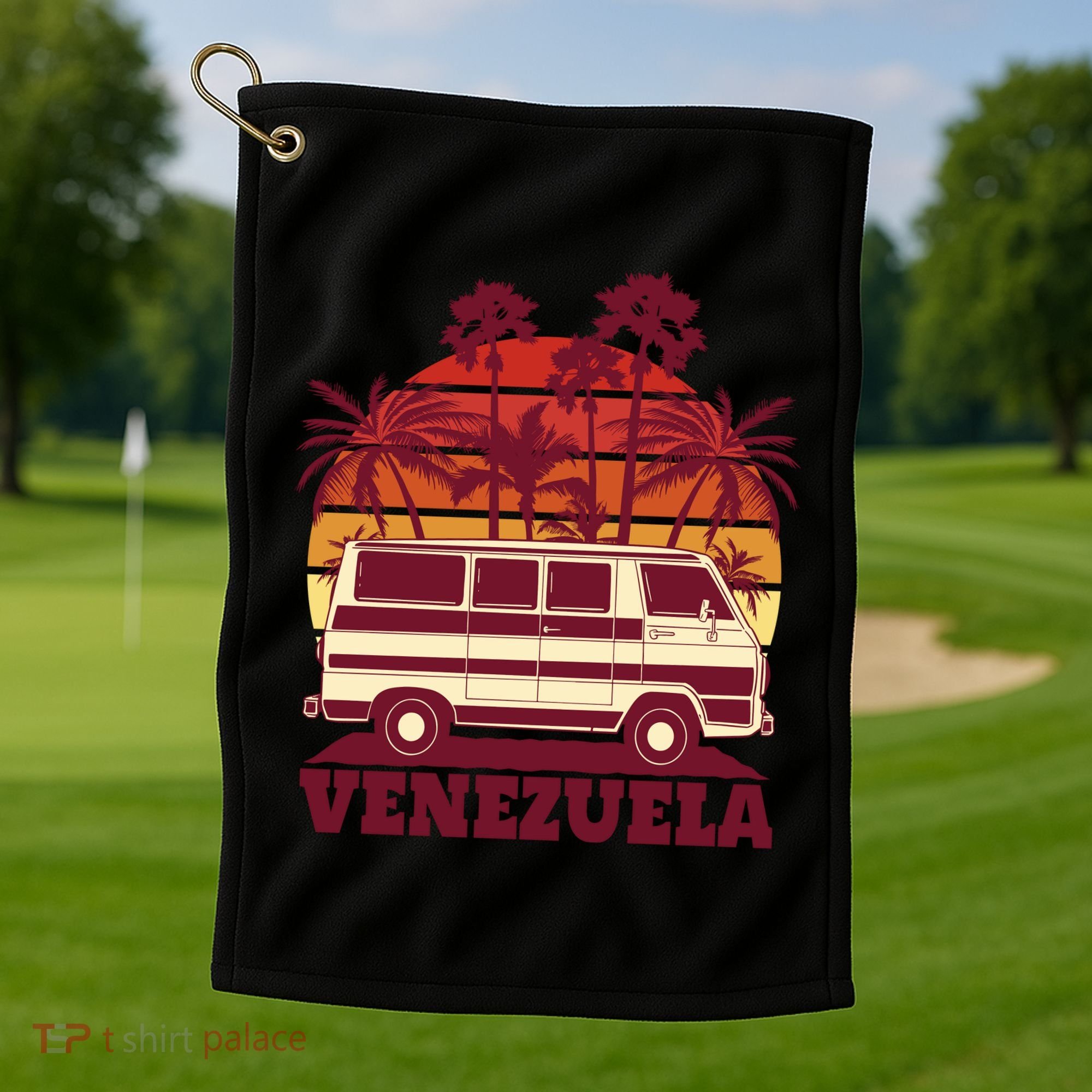 Venezuela Palm Tree Sunset Retro Golf Towel