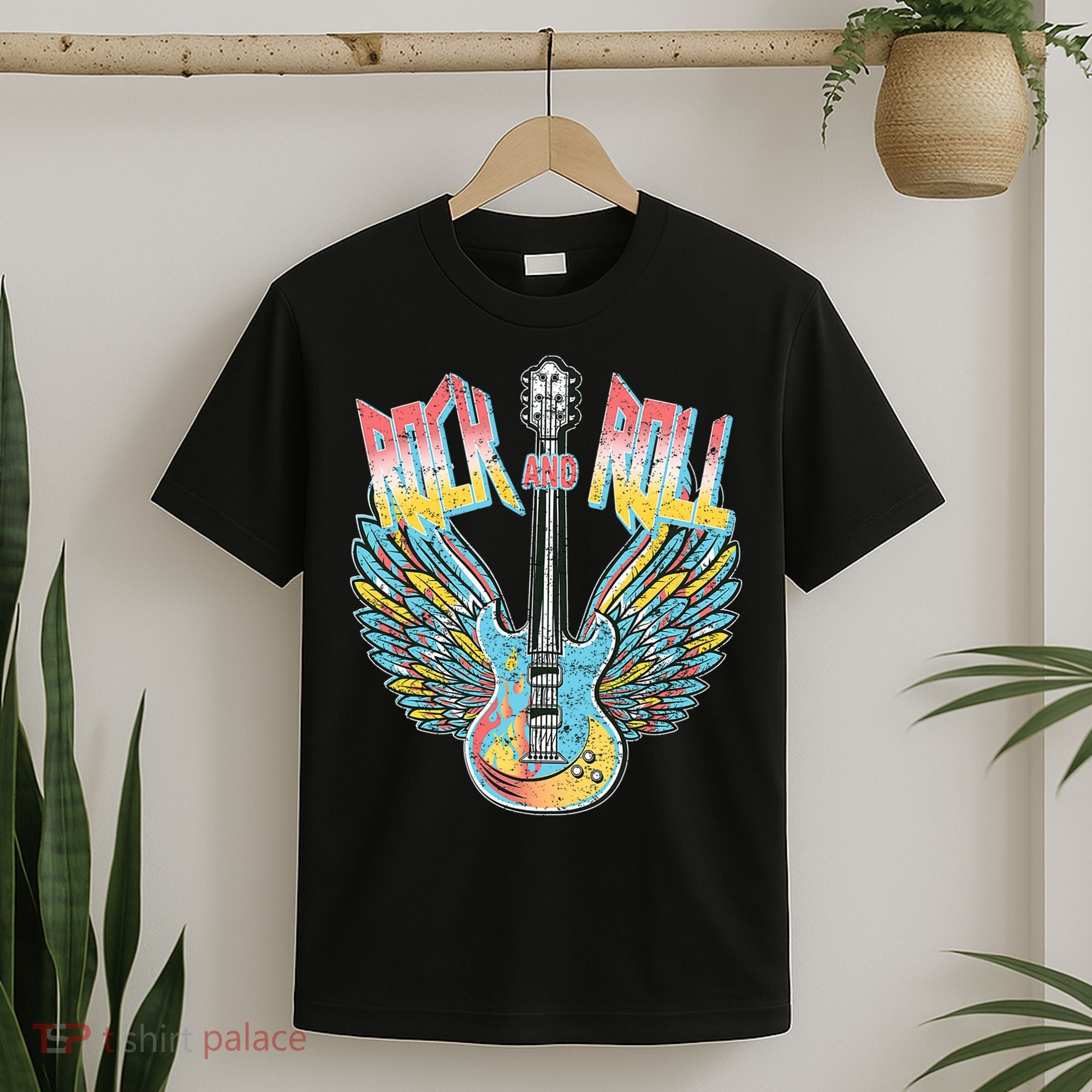 Vintage Retro 80s Rock & Roll Music Electric Guitar Wings T-Shirt