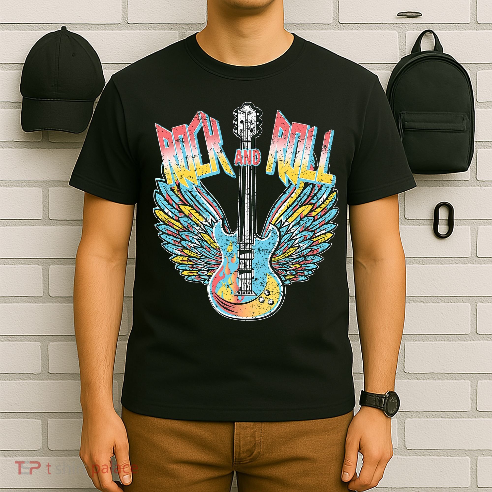 Vintage Retro 80s Rock & Roll Music Electric Guitar Wings T-Shirt