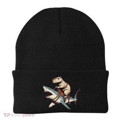 Vintage Rodent Capybara Funny Retro Capyabara Riding Shark Beanie
