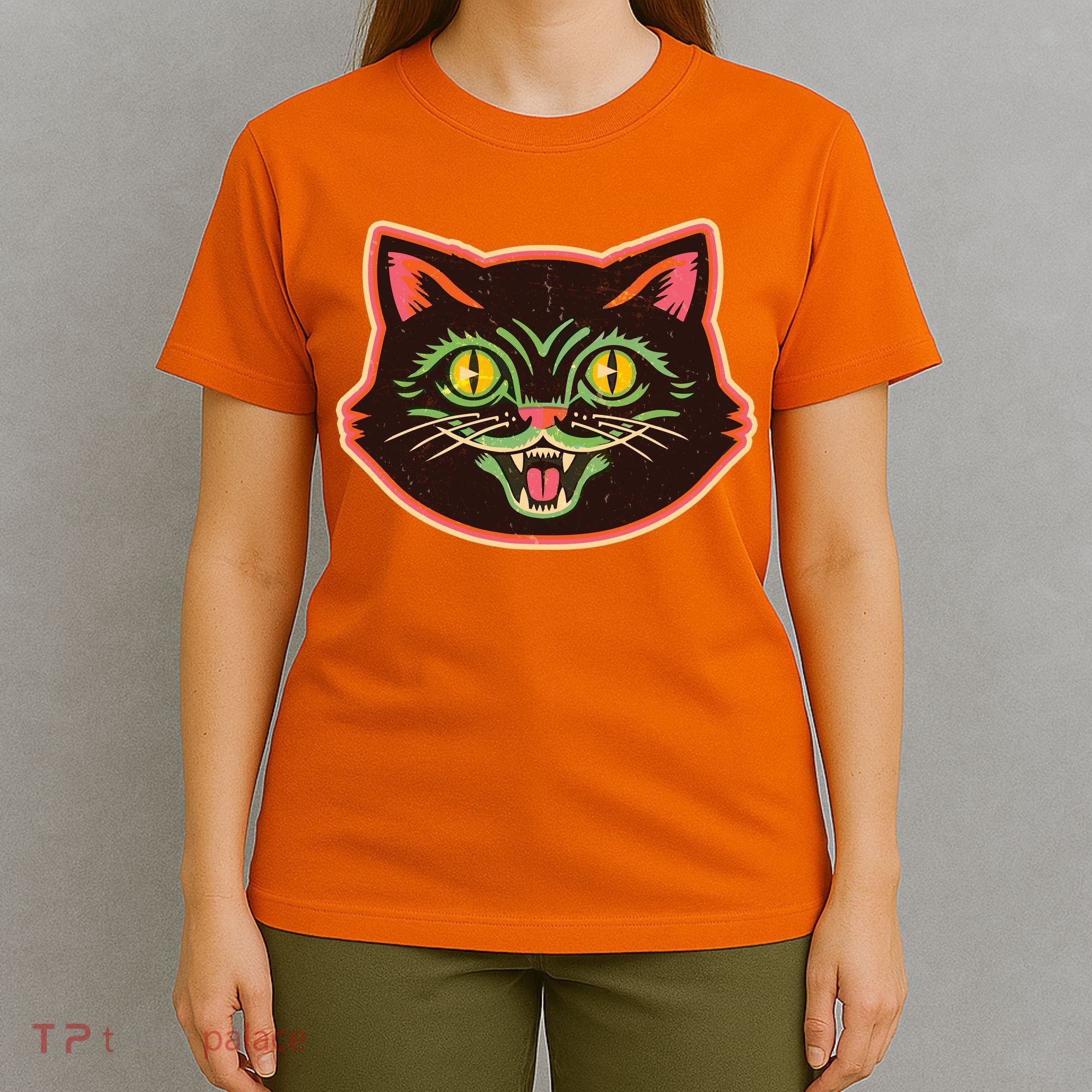 Vintage Retro Halloween Cat Face T-Shirt
