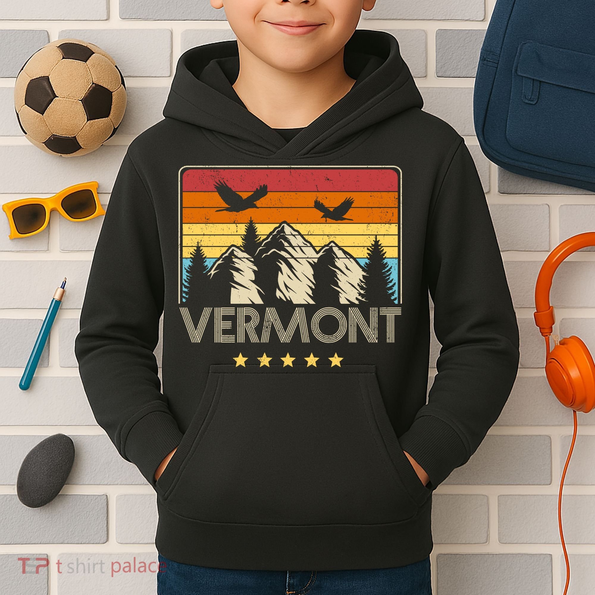 Vermont Retro Mountain Eagle Kids Hoodie