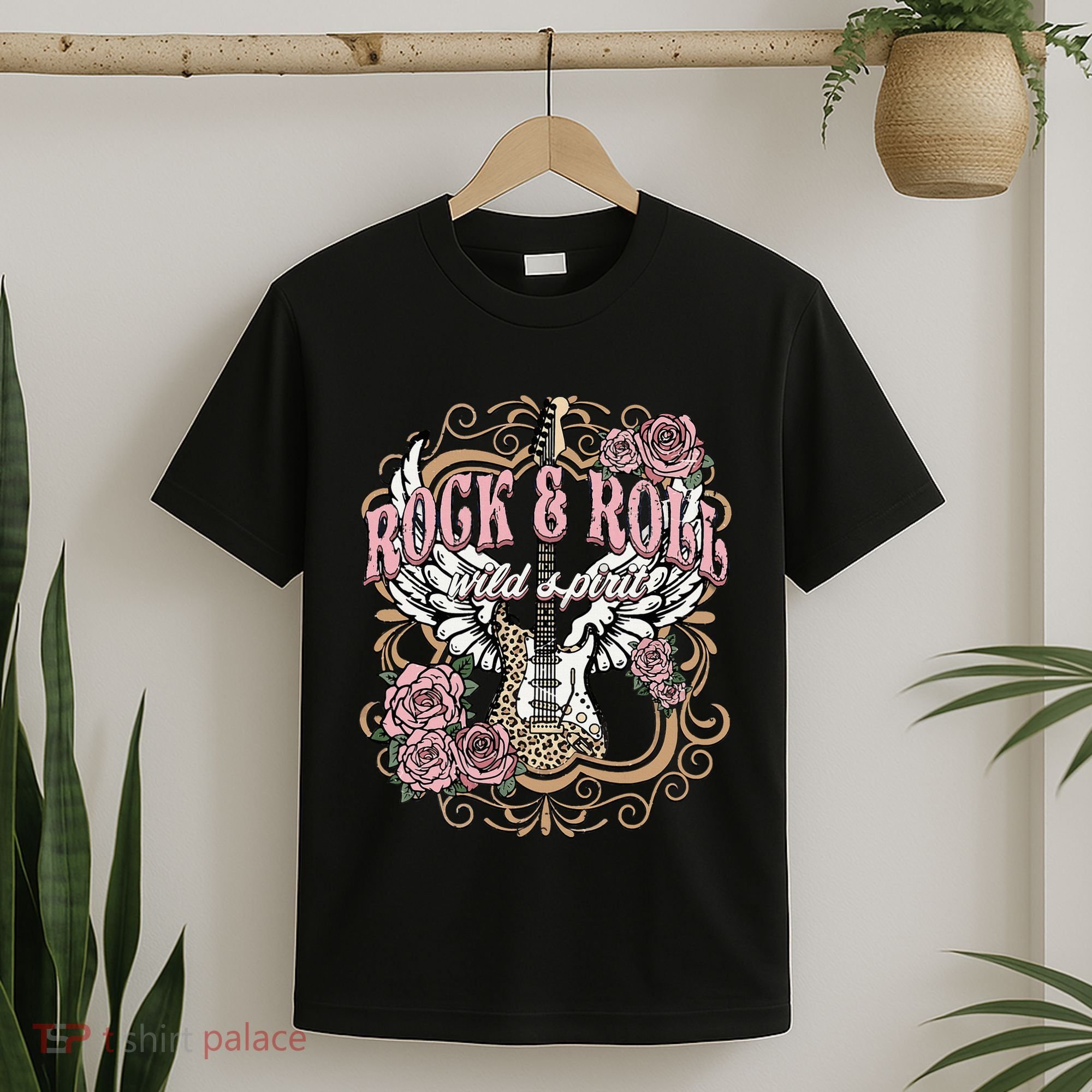 Vintage Rock N Roll Wild Spirit Lets Rock Guitar Floral T-Shirt