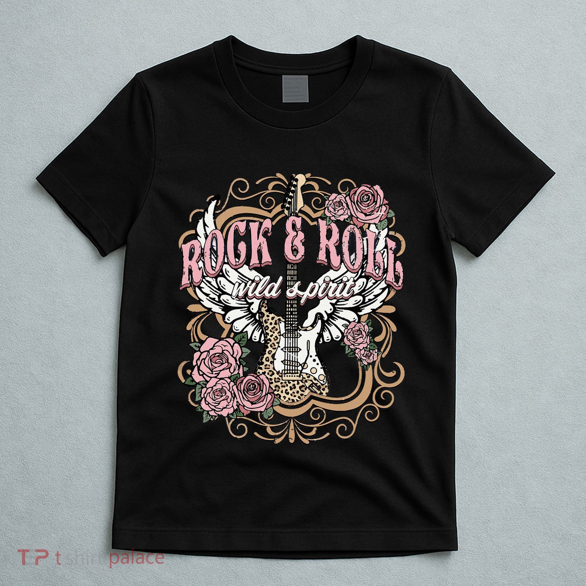Vintage Rock N Roll Wild Spirit Lets Rock Guitar Floral T-Shirt