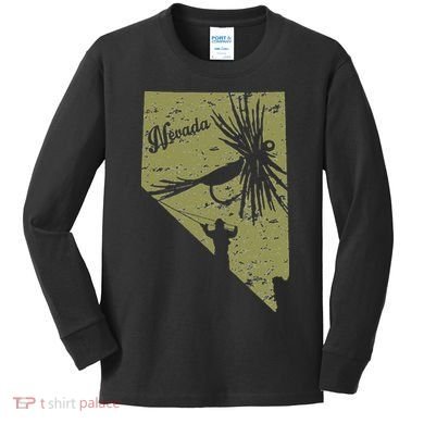 Vintage Rustic Olive Fish Nevada State Map NV Fly Fishing Kids Long Sleeve Shirt