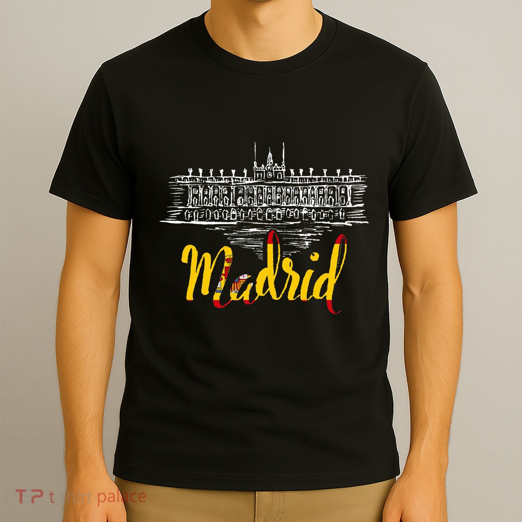 Vintage Royal Palace In Madrid With Spain Flag T-Shirt