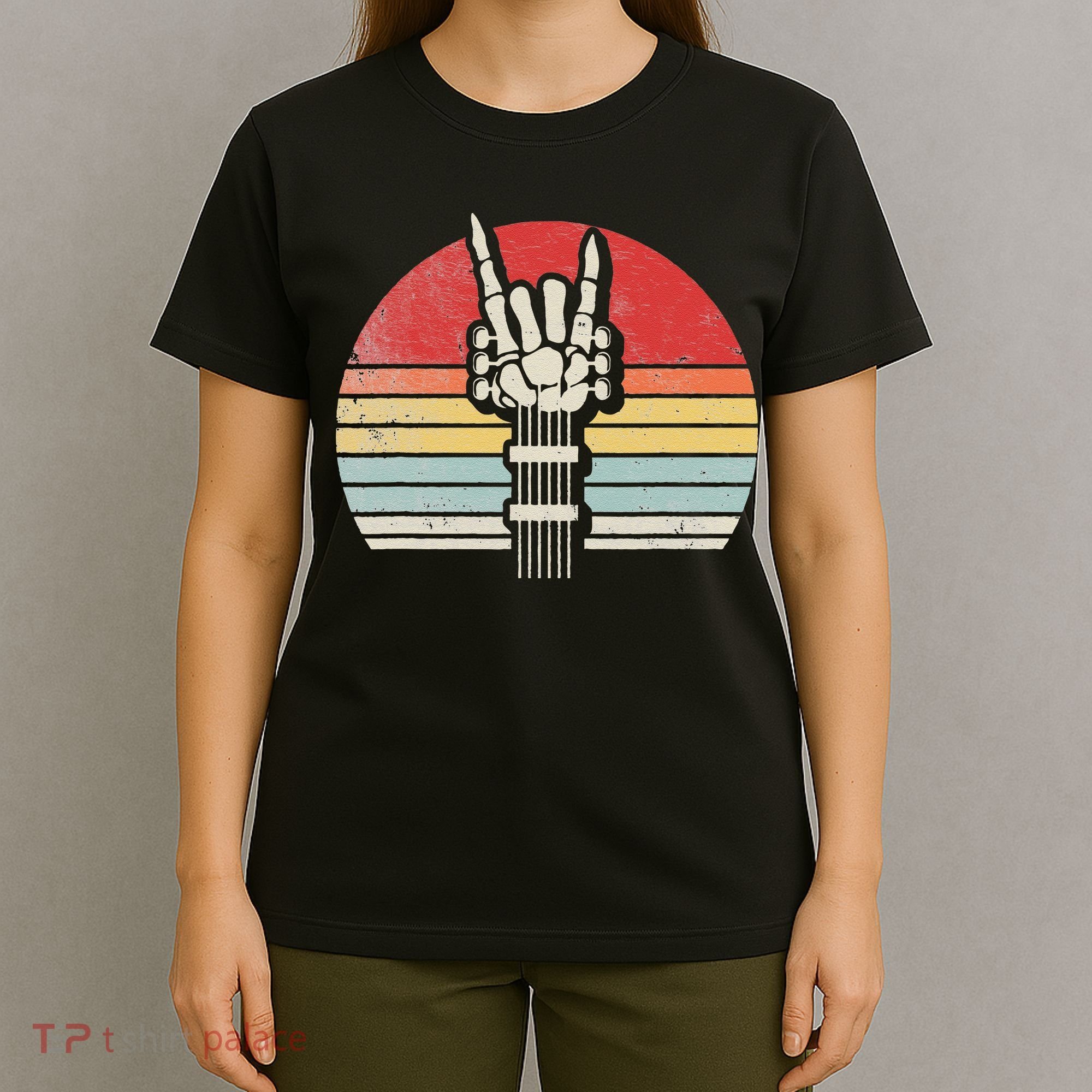 Vintage Retro Rock N Roll Skeleton Guitar Music Lover T-Shirt