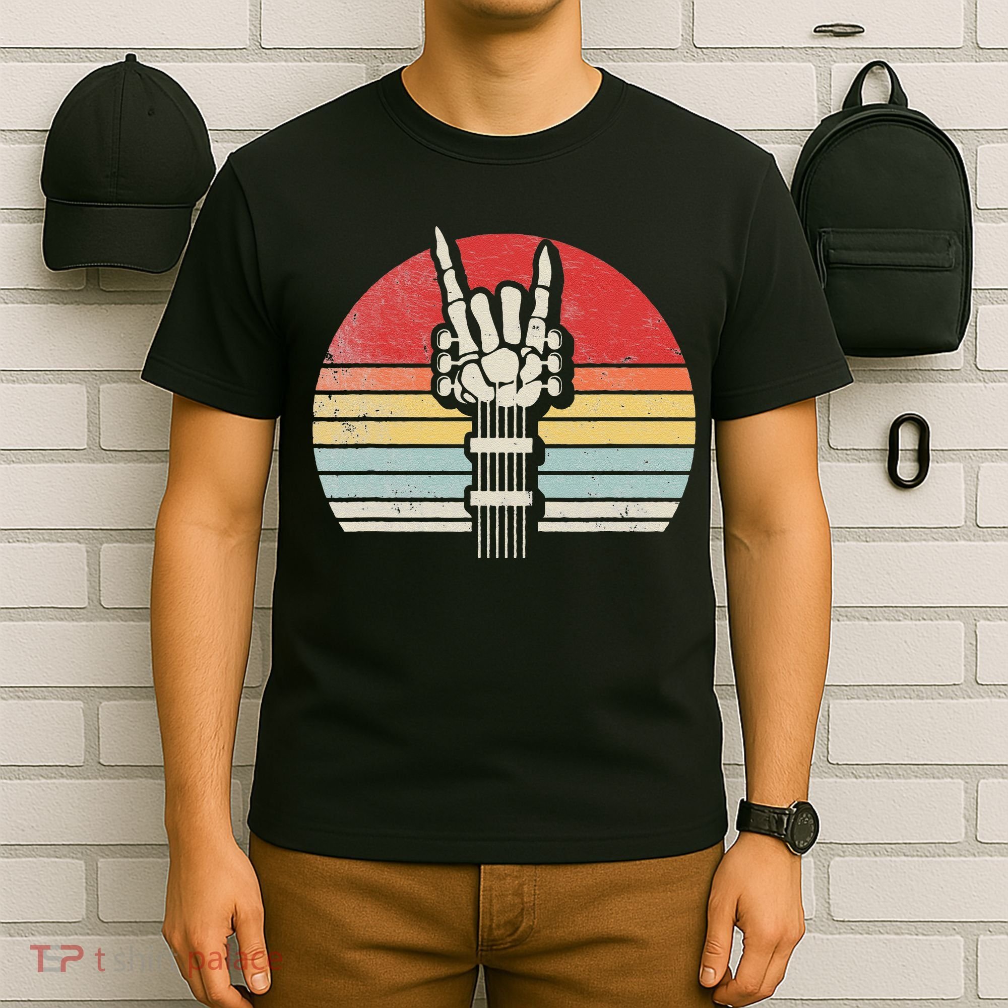Vintage Retro Rock N Roll Skeleton Guitar Music Lover T-Shirt