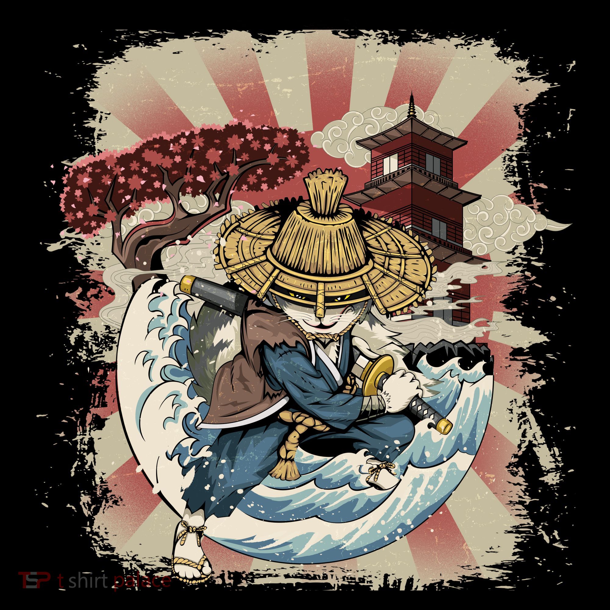 Vintage Retro Samurai Cat Neko T-Shirt