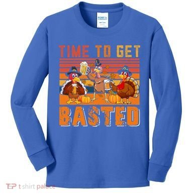 Vintage Retro Time To Get Basted Three Turkeys Ing Beer Gift Kids Long Sleeve Shirt