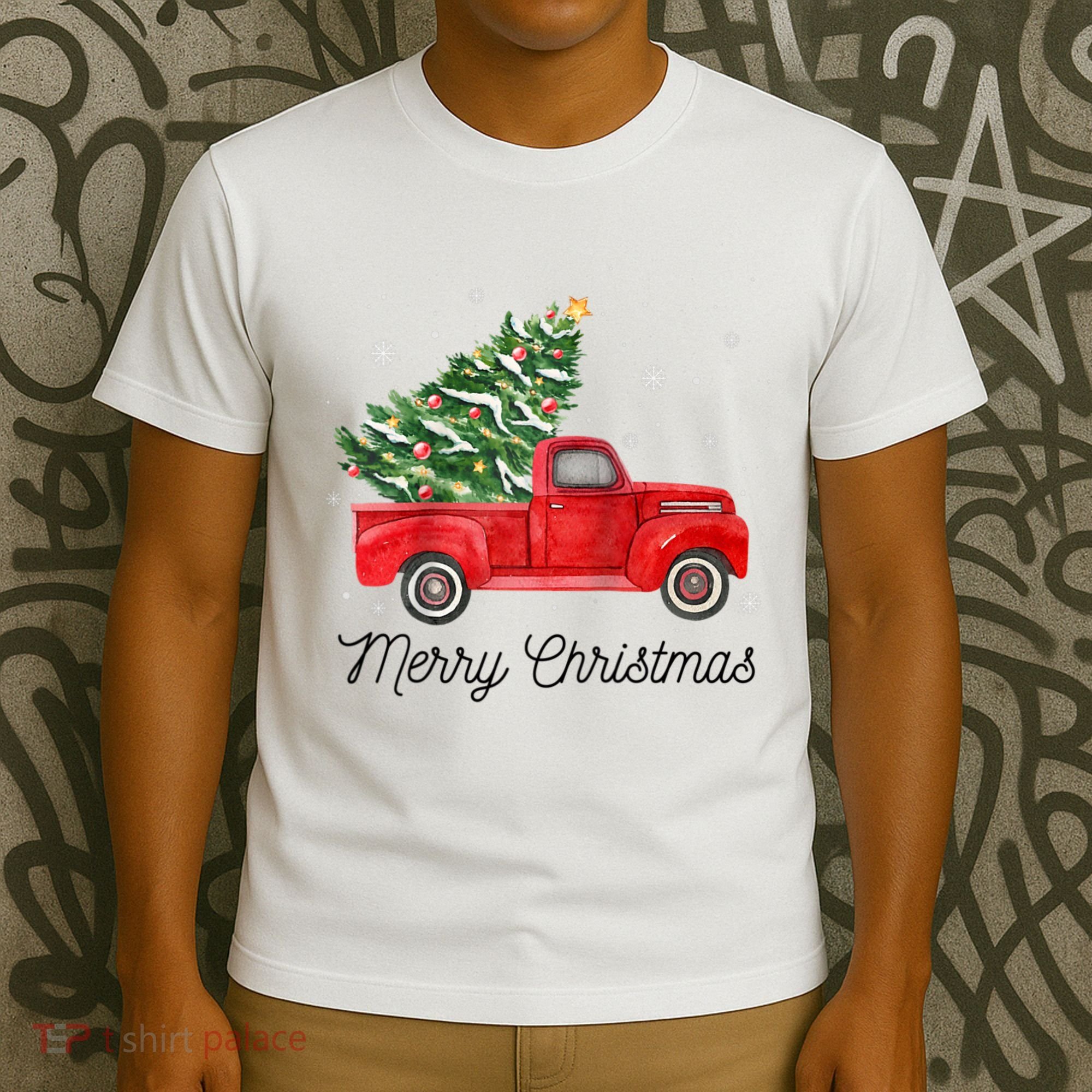 Vintage Red Truck With Merry Christmas Tree Raglan Baseball T-Shirt