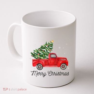 Vintage Red Truck With Merry Christmas Tree Raglan Baseball Coffee Mug
