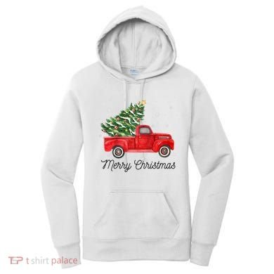 Vintage Red Truck With Merry Christmas Tree Raglan Baseball Women's Hoodie