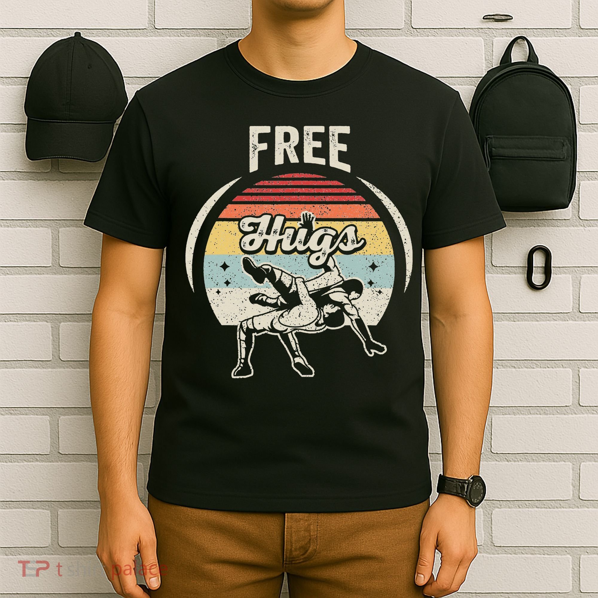 Vintage Retro Wrestling Funny Free Hugs Wrestling  T-Shirt