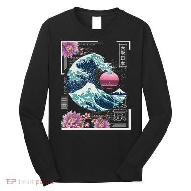Vaporwave Synthwave 80's Japan Japanese Great Wave Tokyo 80s Long Sleeve Shirt