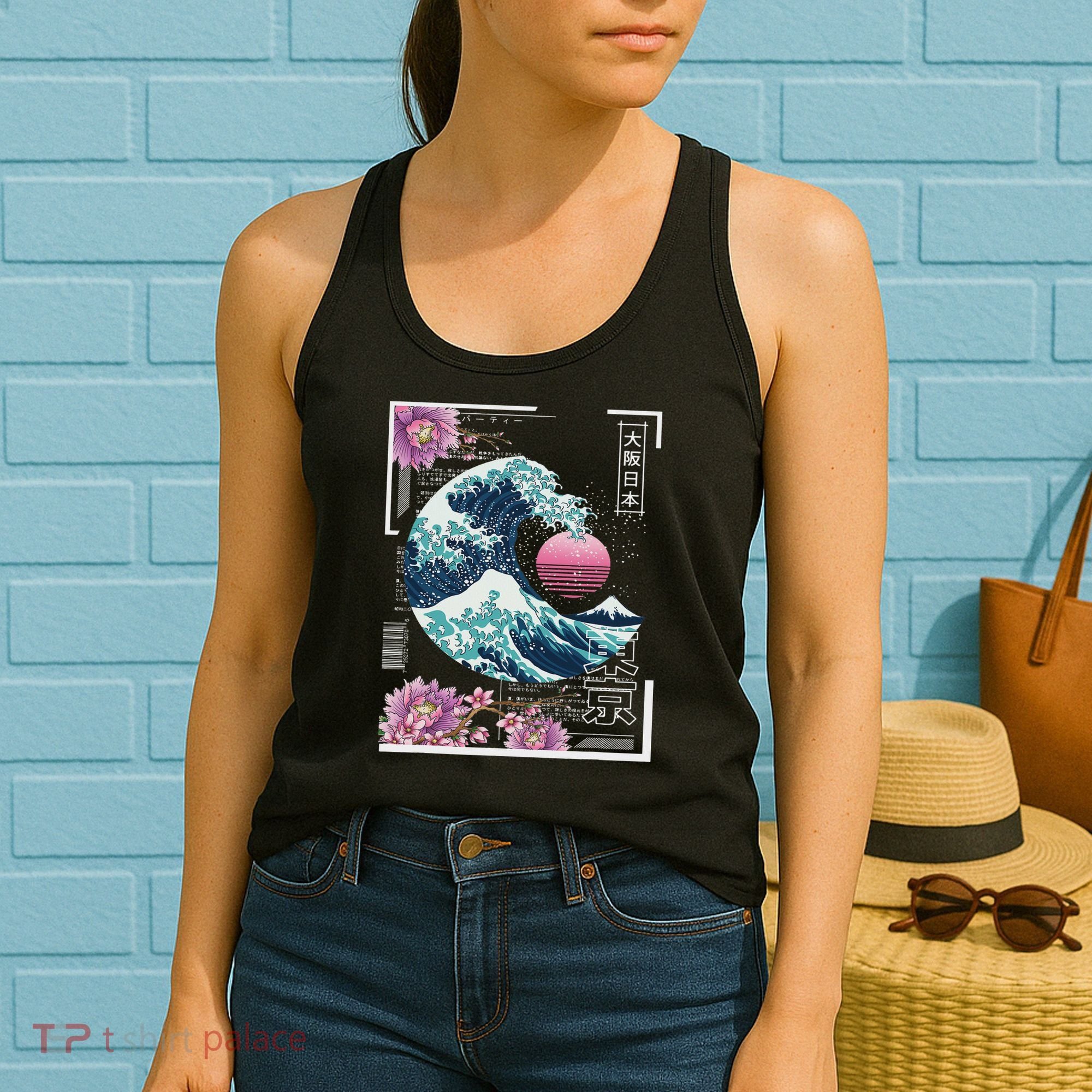 Vaporwave Synthwave 80's Japan Japanese Great Wave Tokyo 80s Women's Tank Top