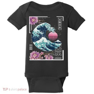 Vaporwave Synthwave 80's Japan Japanese Great Wave Tokyo 80s Baby Bodysuit