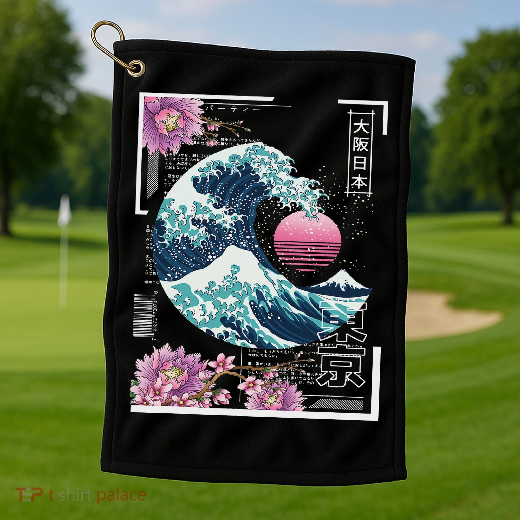 Vaporwave Synthwave 80's Japan Japanese Great Wave Tokyo 80s Golf Towel