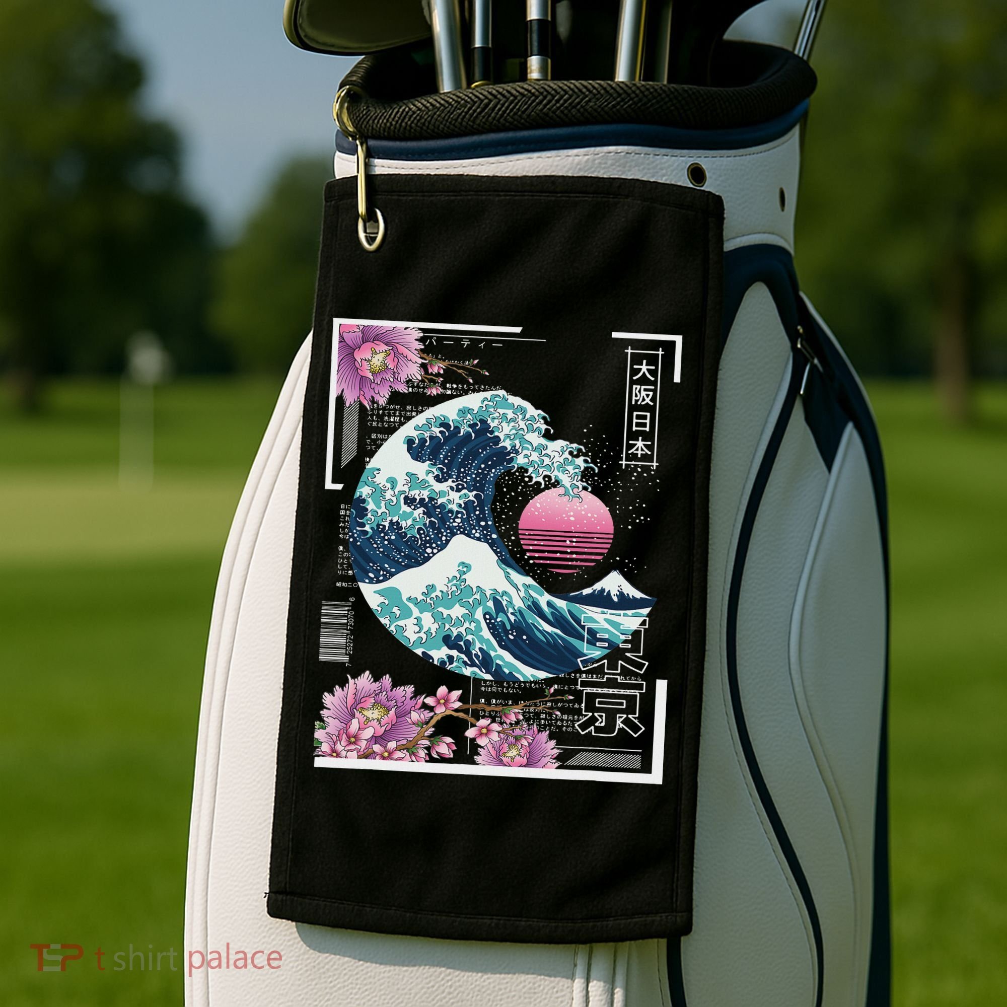 Vaporwave Synthwave 80's Japan Japanese Great Wave Tokyo 80s Golf Towel